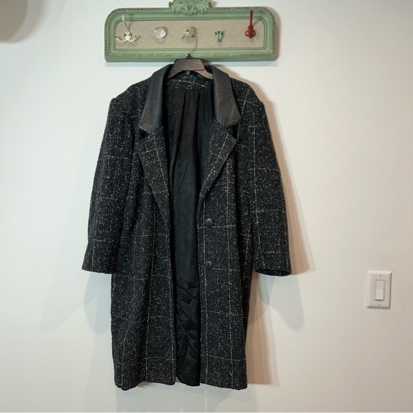 Vintage 80s HaVoc Tweed Genuine Leather Long line blazer Trench Jacket black 14 - Picture 10 of 13
